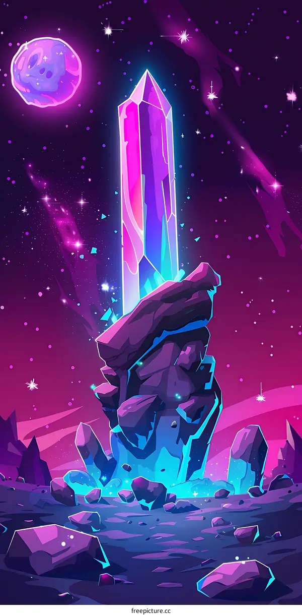 Purple and Blue Crystal Standing on Rock with Stars