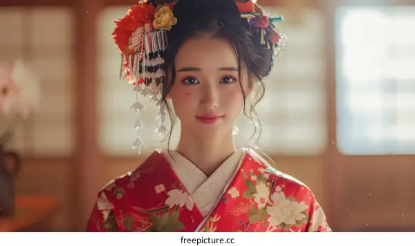 Portrait of a beautiful Japanese woman in traditional kimono