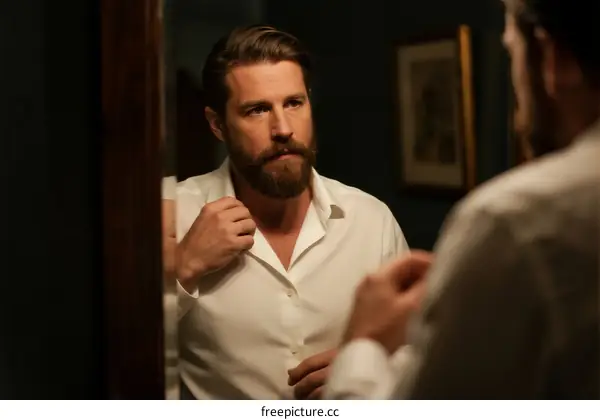 A man adjusting his white shirt while looking in the mirror