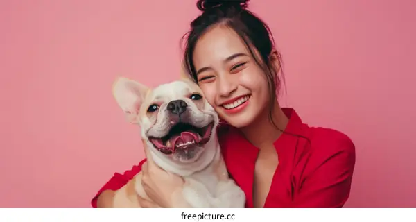 A young Asian woman with a French bulldog