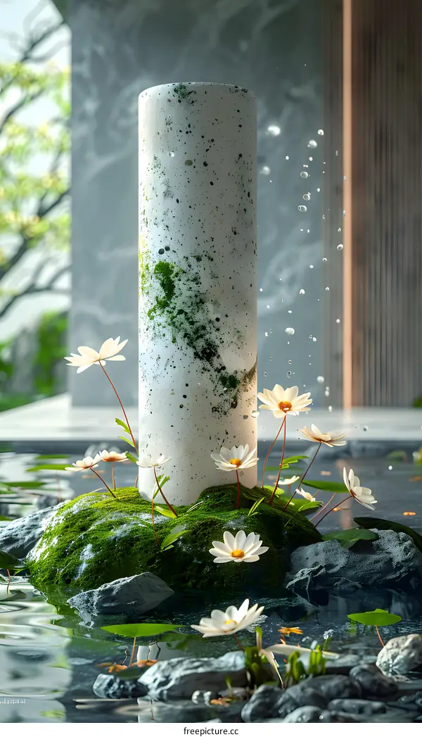 white flowers and green leaves floating on the water with a gray pillar in the background