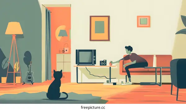 Man Sitting on Couch with a Cat and a Guitar in the Background