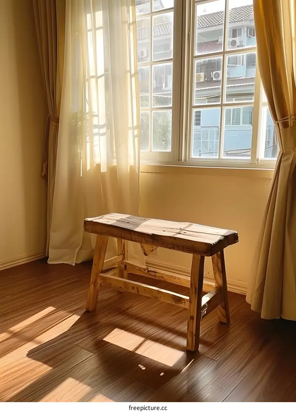 Wooden Bench With Sunlight Streaming In Through Window