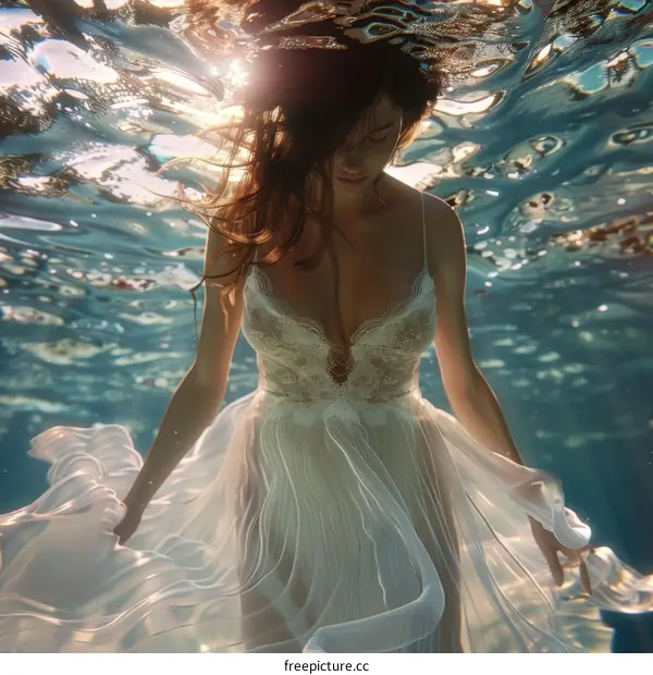 An underwater photo of a woman in a white dress