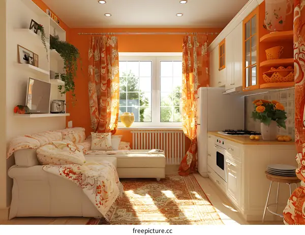 An illustration of a living room with a sofa, a rug, a coffee table, and a kitchen with a stove, a refrigerator, and a sink.