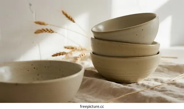 Handcrafted Ceramic Bowls with Natural Wheat Ears on Linen Cloth