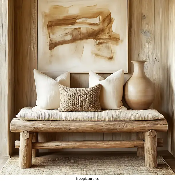 Rustic Wooden Bench with Beige Accents in a Modern Interior
