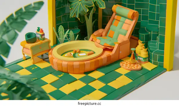 3D Illustration of a Small Spa Room with a Yellow and Green Color Palette