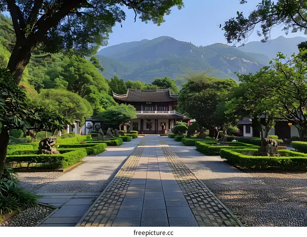 Courtyard with a long corridor and a mountain backdrop