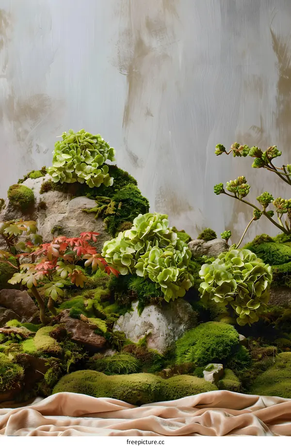 Green Moss and Stones with Beige Fabric Background