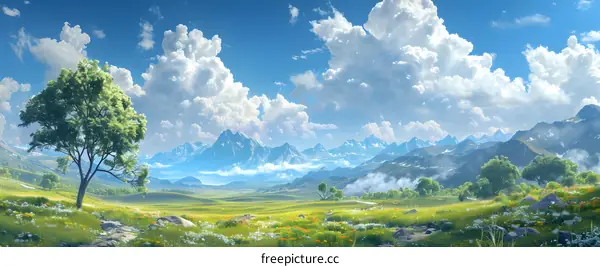 The vast green field under the blue sky and white clouds