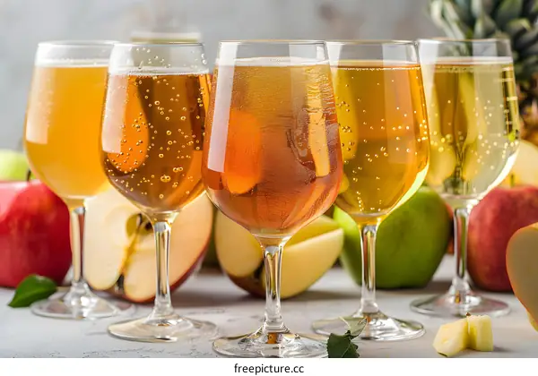 Sparkling Apple Cider in Glasses with Apples and Pineapple Slices