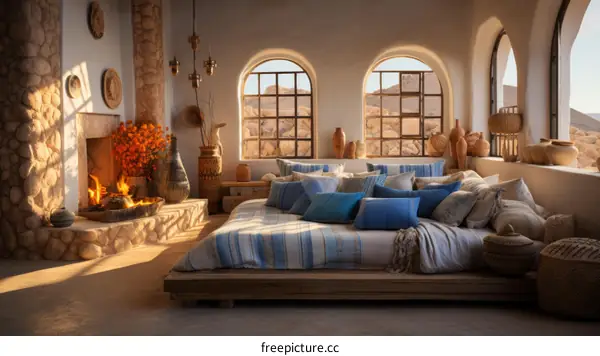 Desert Home Interior Living Room With Fireplace And Large Windows