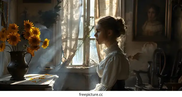portrait of a young woman in a white dress sitting in a dimly lit room