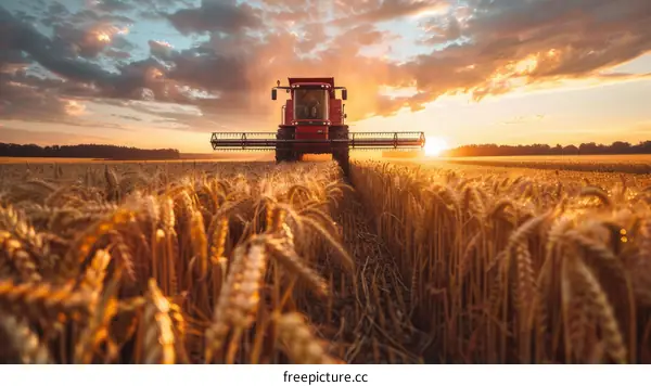 Red combine harvester working in a wheat field during sunset