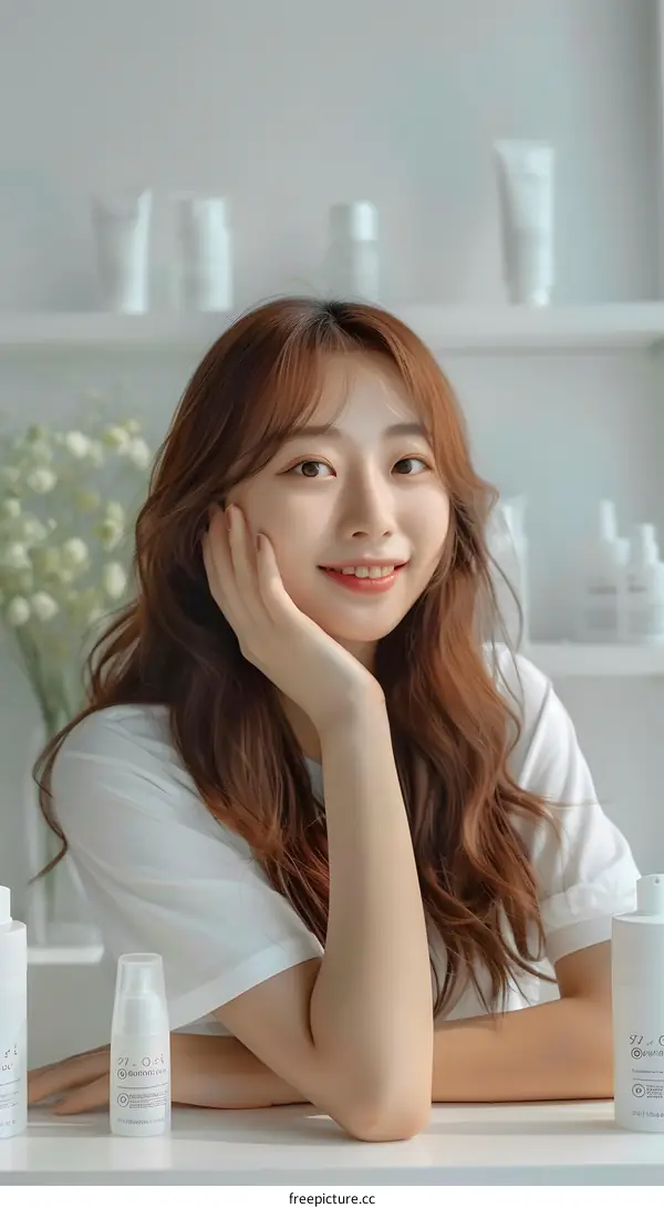 Smiling Asian Woman with Long Hair  Posing with Skincare Products
