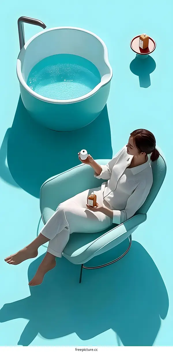 Woman Relaxing in Chair With Bath Tub and Aromatherapy