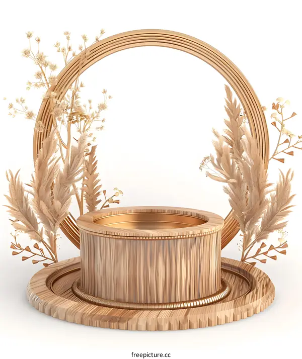 Wooden Podium With Dried Flowers And Golden Circle