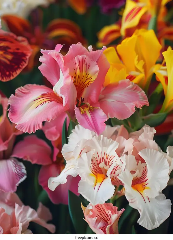 Closeup Of Pink And White Iris Flowers