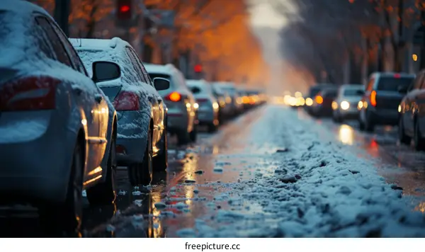 Snowy street with parked cars