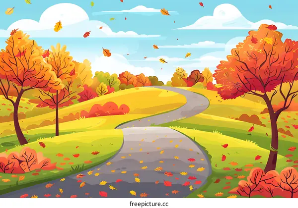 Autumn Landscape with Winding Path and Falling Leaves