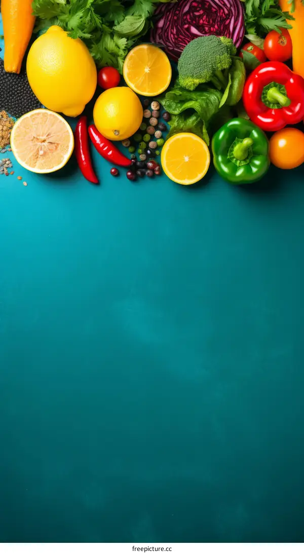 Top view of healthy food ingredients over blue background