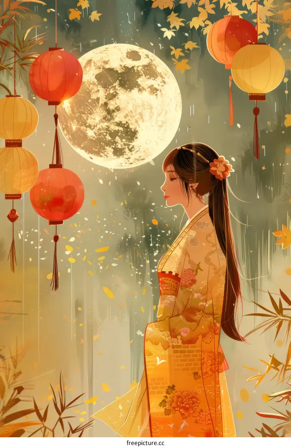 A Woman in a Kimono standing under the Full Moon