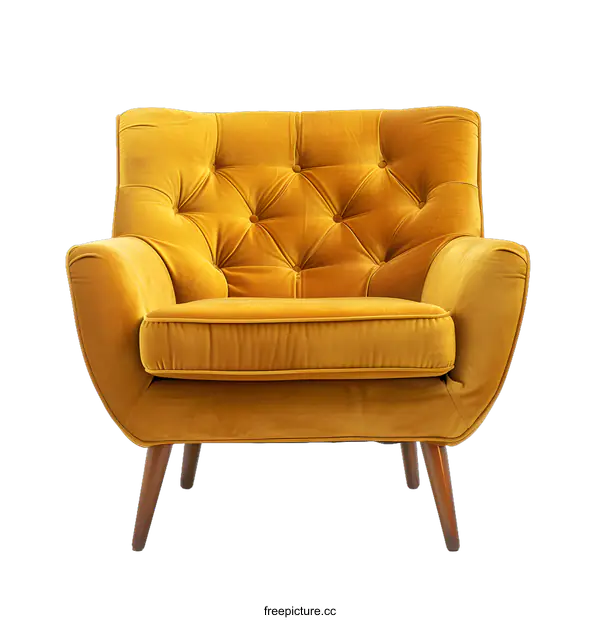 [Transparent Background PNG]Mustard Yellow Velvet Armchair With Button Tufting