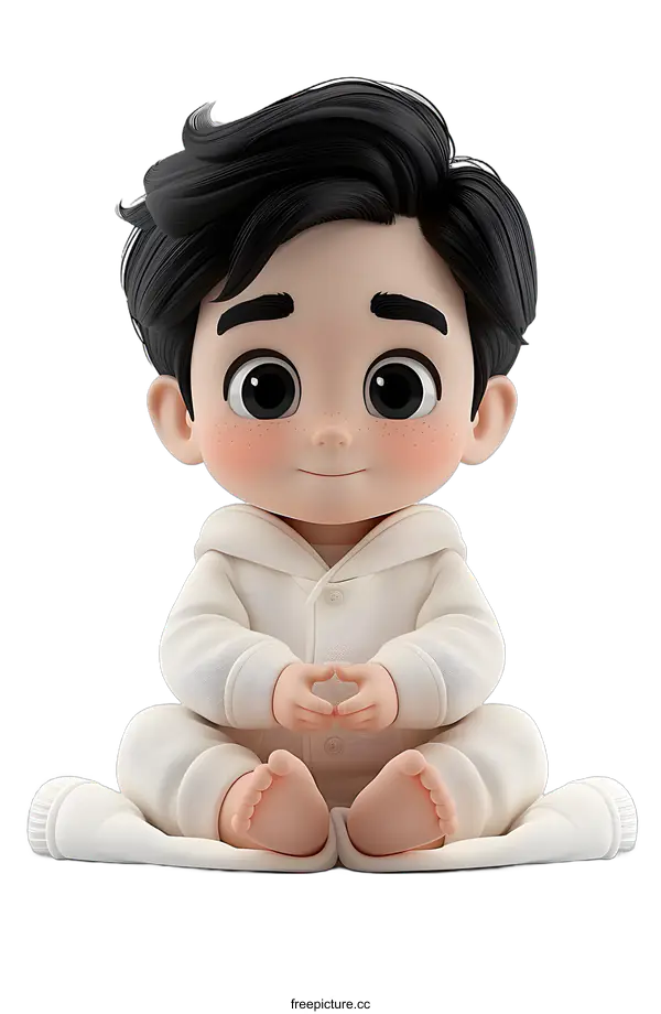 [Transparent Background PNG]cute cartoon baby boy in white outfit sitting on white background