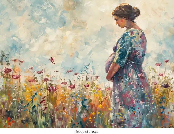 An oil painting of a pregnant woman standing in a field of flowers