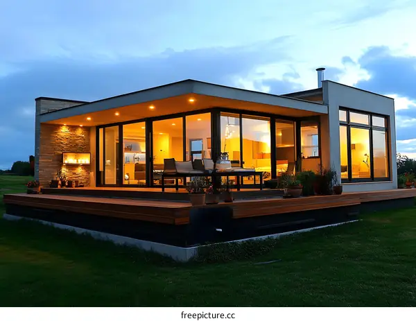Modern House with Large Windows and Deck in the Evening