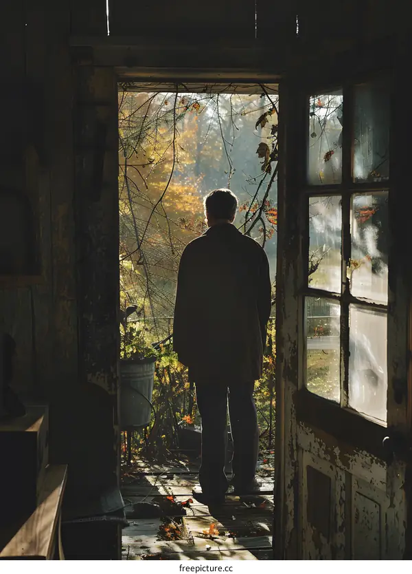 A man standing in a doorway looking out at a colorful fall landscape