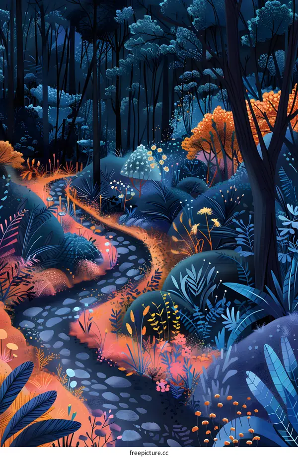 A winding path through a dense forest at night, with colorful plants and flowers on either side