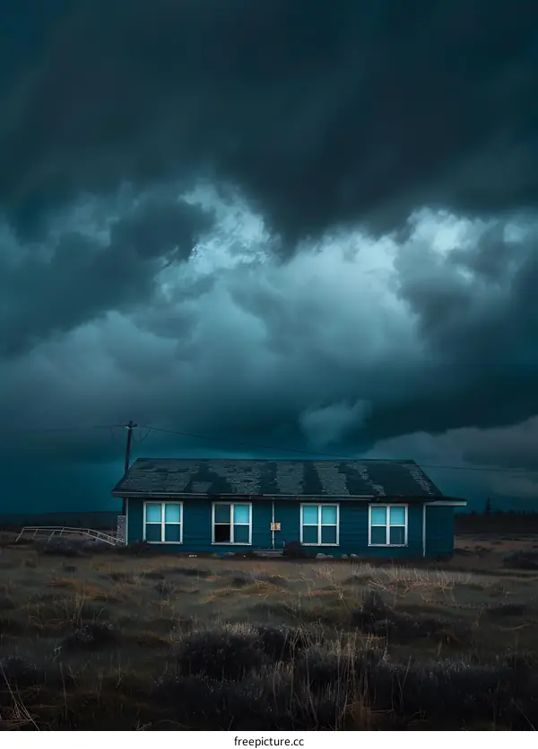 Blue House Under Stormy Sky