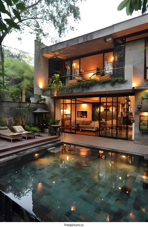 Modern Home with Swimming Pool and Lush Greenery