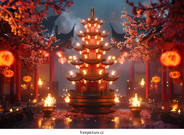 Chinese New Year illustration with a pagoda, cherry blossoms, and lanterns