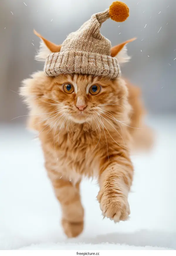 A ginger cat wearing a brown hat is walking in the snow