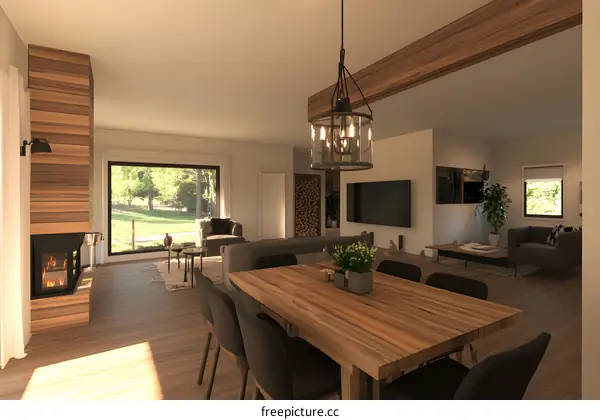 Modern Farmhouse Style Interior Design With Fireplace And Dining Table