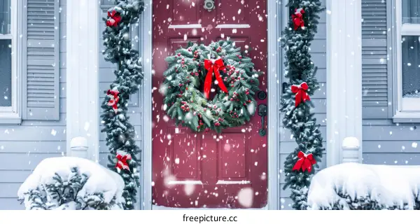 Christmas Red Door with Wreath