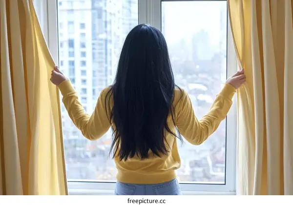 Woman opening yellow curtains at window