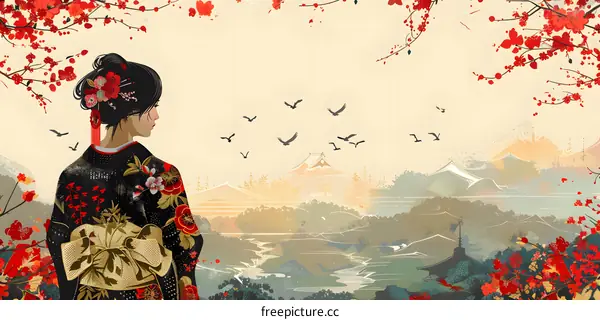 A woman in a kimono is standing in a field of red flowers looking at a mountain