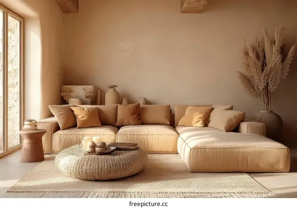 Beige Living Room with Sectional Sofa and Pampas Grass