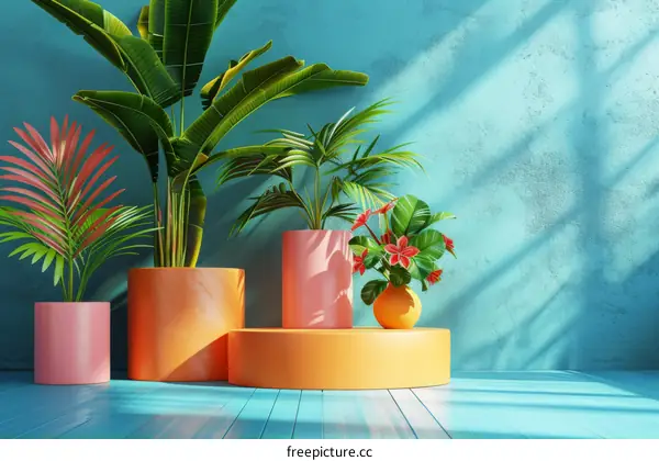 Tropical Plants Display on Modern Podiums
