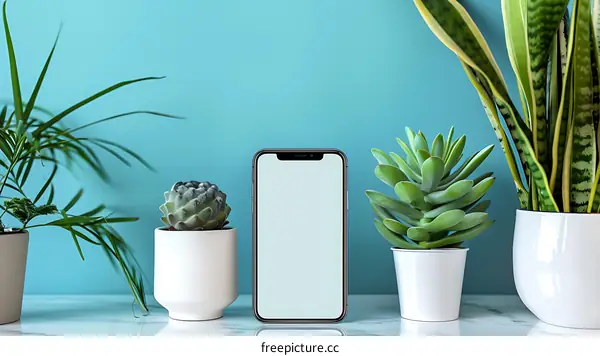 White Smartphone with Succulents on a Marble Countertop