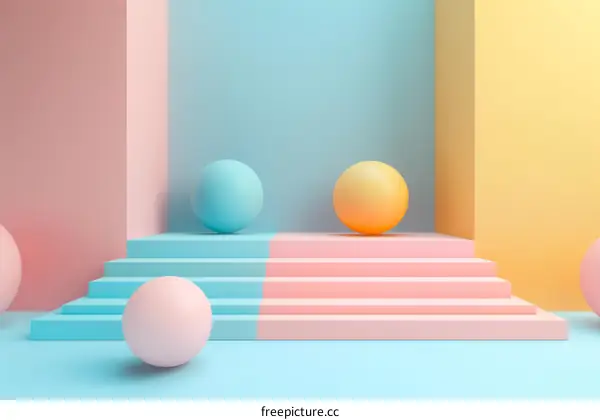 3D Geometric Spheres on a Vibrant Podium with Stairs