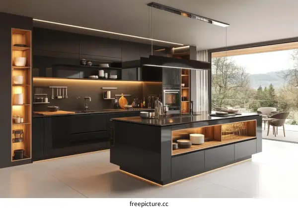 Modern Dark Kitchen Island with View