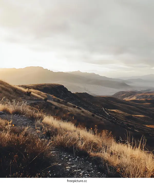 Mountain Landscape with Golden Grass and Sunset