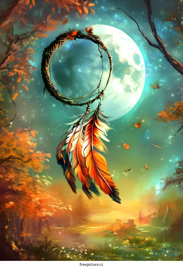 Dream Catcher Hanging with Full Moon in a Magical Forest