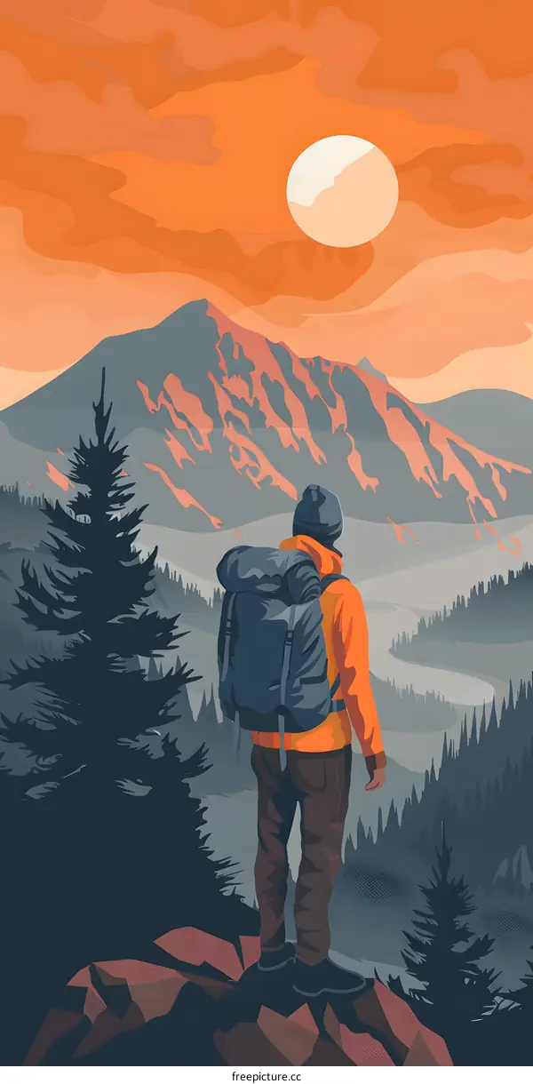 Hiking Through The Mountains At Sunset