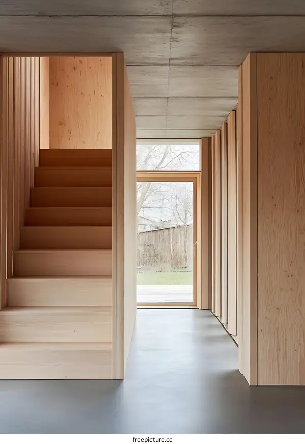 Modern Interior Design With Wooden Staircase And Concrete Ceiling